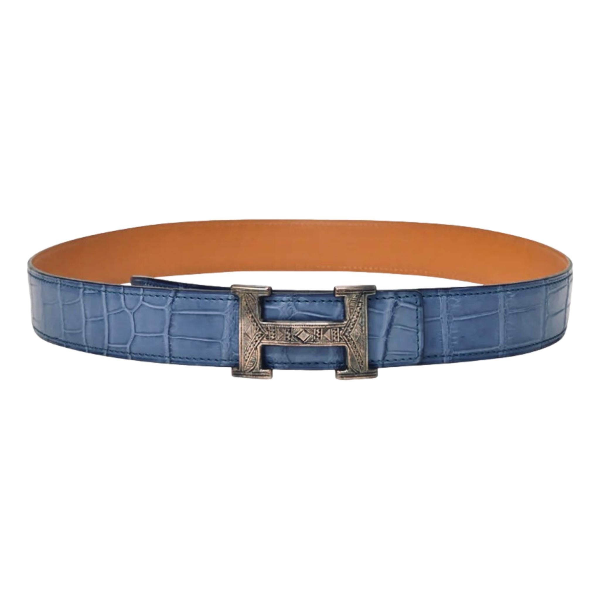 Hermes Crocodile Skin Belt With Solid Silver H Touareg Large Buckle Shush London