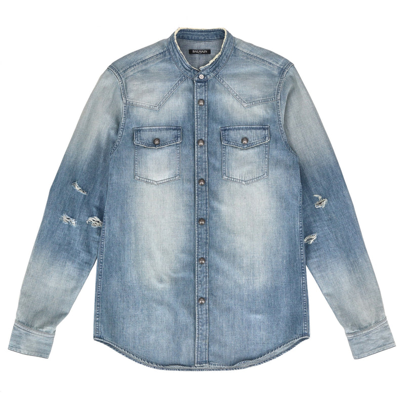 Balmain Distressed Faded Denim Shirt With Embroidered Logo Back. Size M