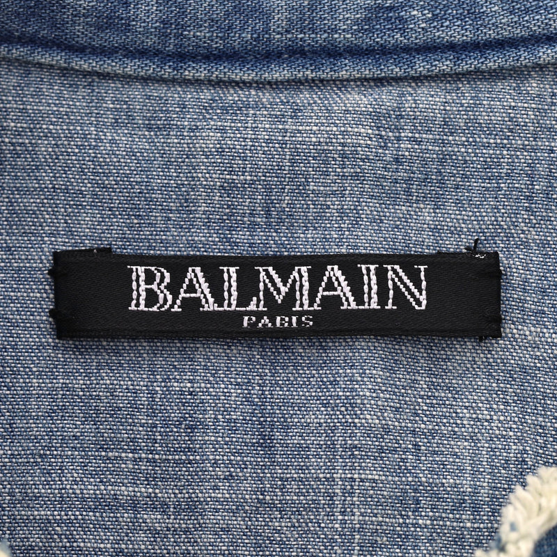 Balmain Distressed Faded Denim Shirt With Embroidered Logo Back. Size M