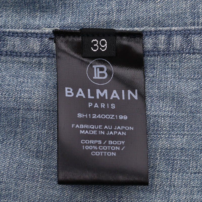 Balmain Distressed Faded Denim Shirt With Embroidered Logo Back. Size M