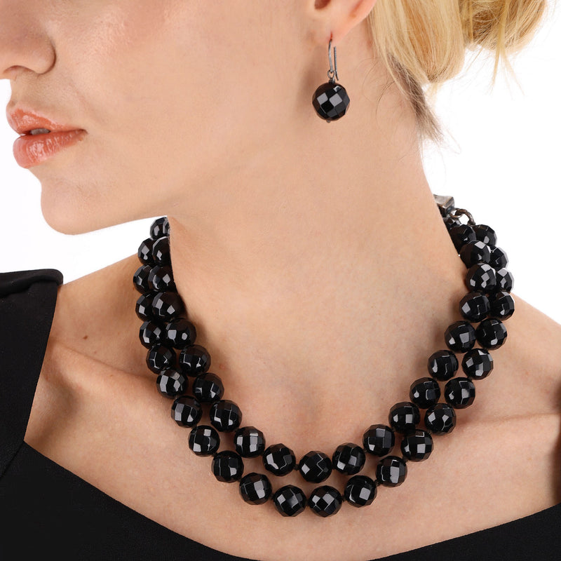 Bottega Veneta Black Onyx & Sterling Silver Beaded Necklace & Matching Earrings Set