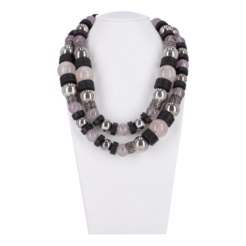 Bottega Veneta Amythest,  Rose Quartz, Sterling Silver & Wood Necklace with Onyx Faceted Drop Earrings