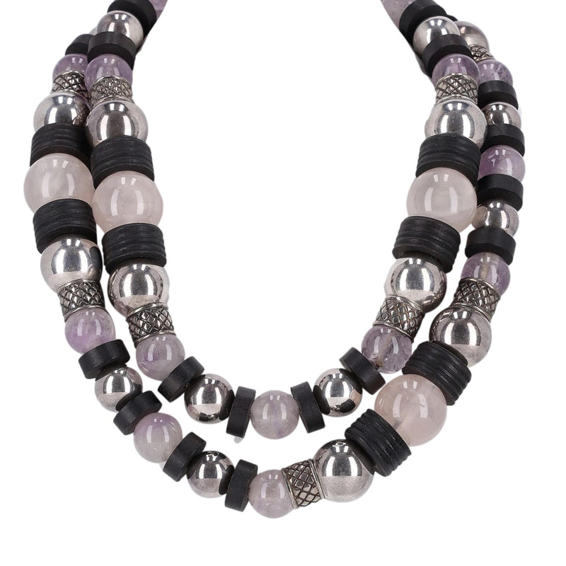 Bottega Veneta Amythest,  Rose Quartz, Sterling Silver & Wood Necklace with Onyx Faceted Drop Earrings