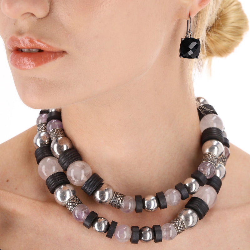 Bottega Veneta Amythest,  Rose Quartz, Sterling Silver & Wood Necklace with Onyx Faceted Drop Earrings