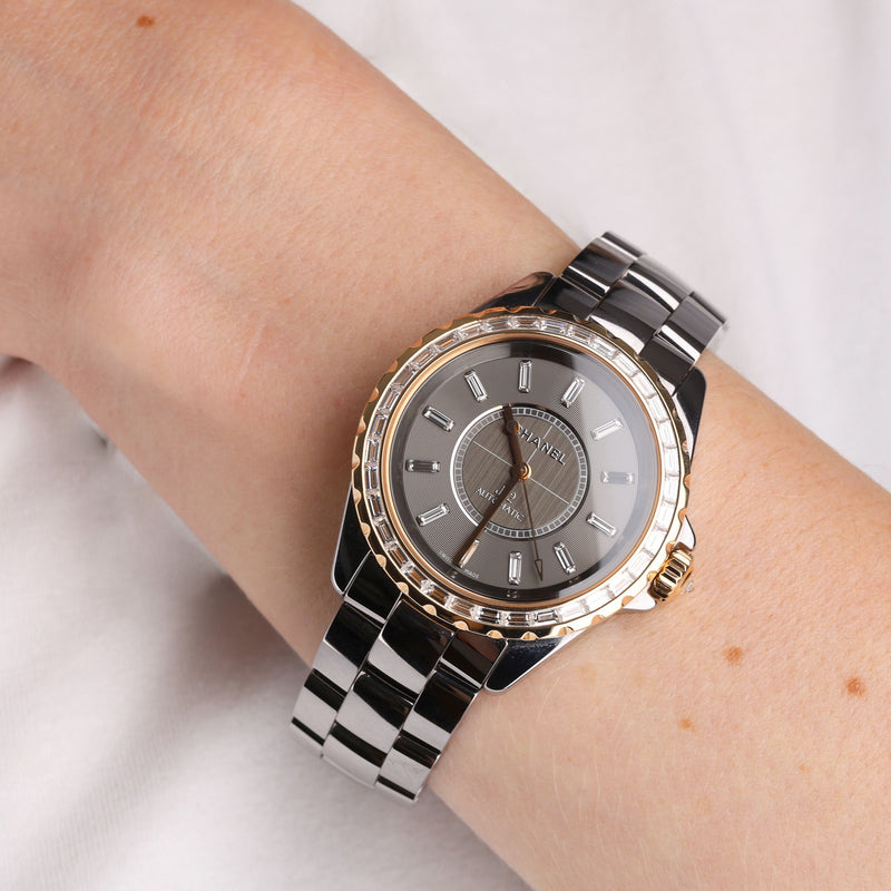 Chanel 18k Rose Gold, Ceramic &  Baguette Diamond J12 Automatic Watch - High End Jewellery Collection