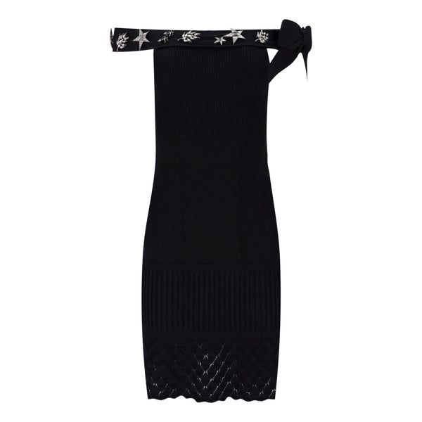 Chanel Off-The-Shoulder Dress With Crystal & 'CC' Logo Embellished Brooches. Size 40FR