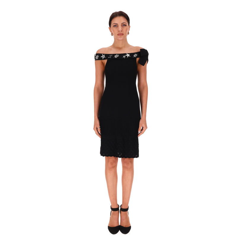 Chanel Off-The-Shoulder Dress With Crystal & 'CC' Logo Embellished Brooches. Size 40FR