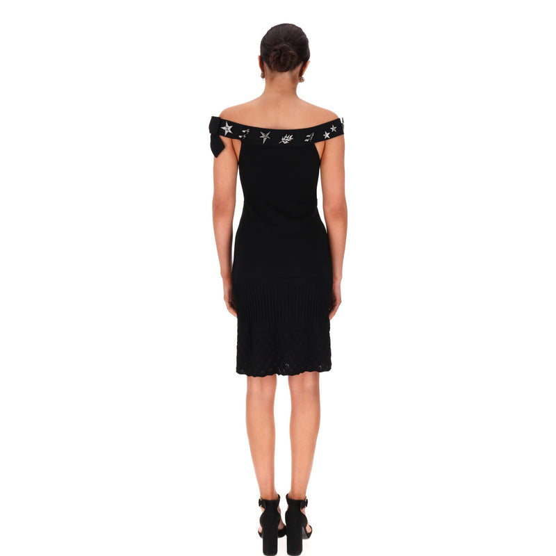 Chanel Off-The-Shoulder Dress With Crystal & 'CC' Logo Embellished Brooches. Size 40FR