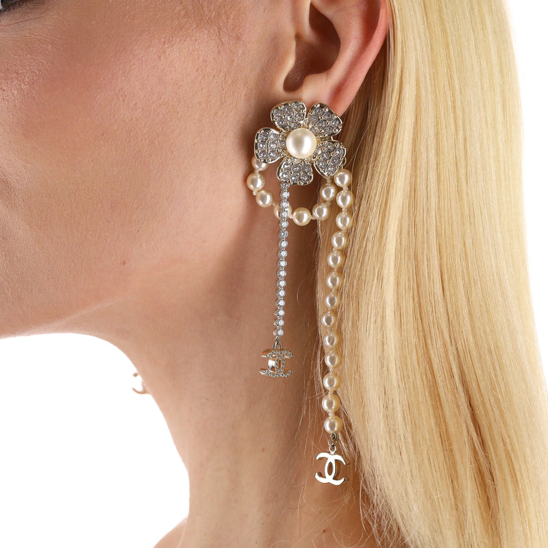 Chanel Camellia Flower, 'CC' Logo, Pearl & Strass Drop Earrings