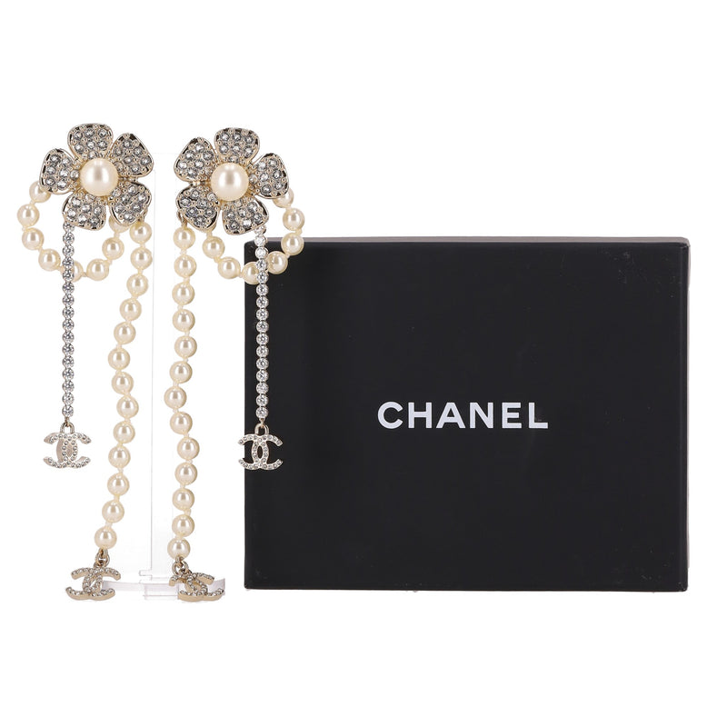 Chanel Camellia Flower, 'CC' Logo, Pearl & Strass Drop Earrings