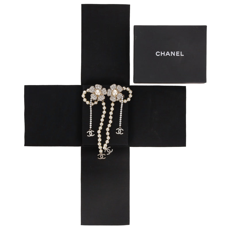 Chanel Camellia Flower, 'CC' Logo, Pearl & Strass Drop Earrings