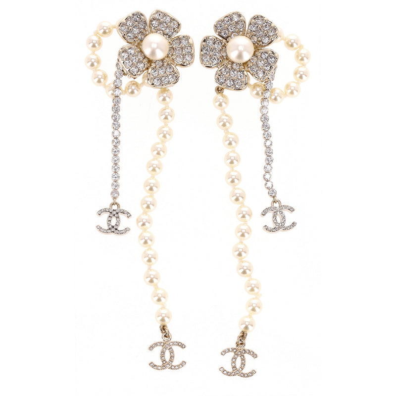 Chanel Camellia Flower, 'CC' Logo, Pearl & Strass Drop Earrings