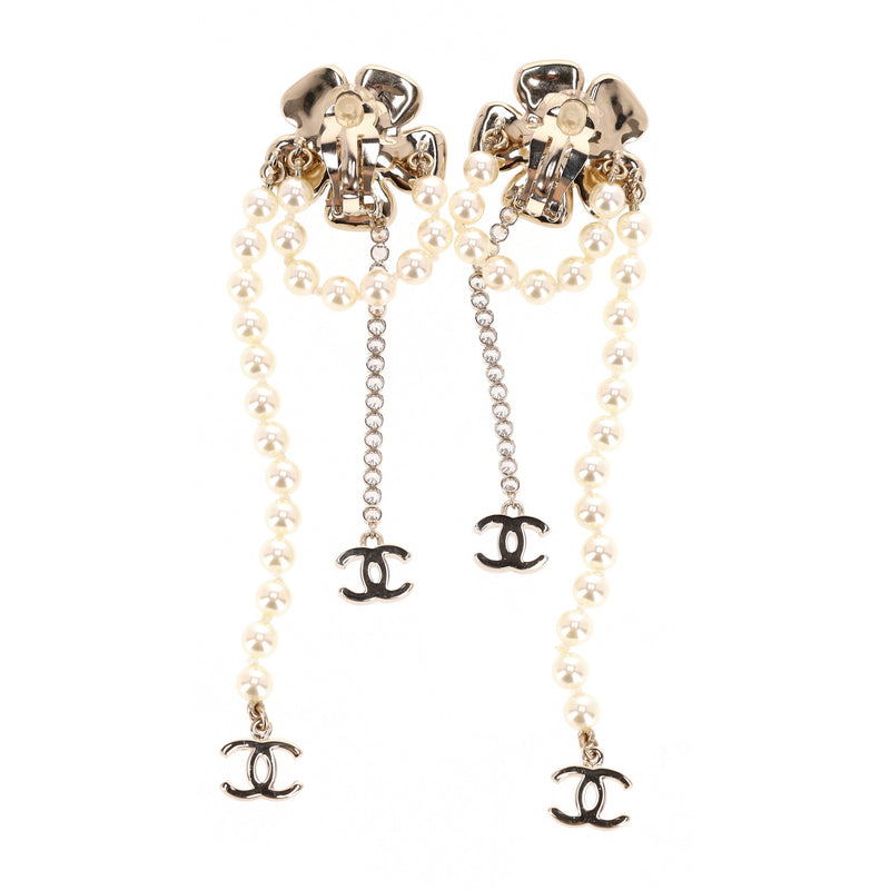 Chanel Camellia Flower, 'CC' Logo, Pearl & Strass Drop Earrings