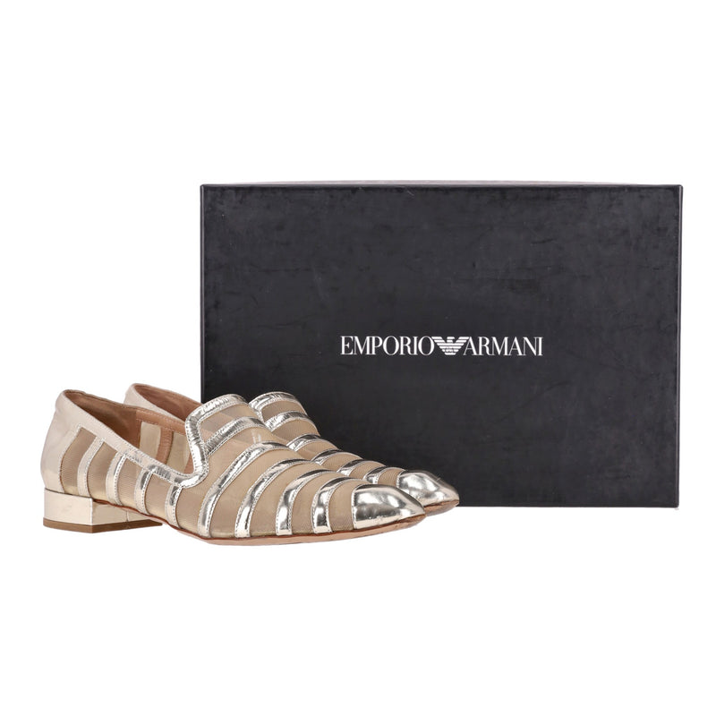 Emporio Armani Metallic Leather Striped Loafers. Size 36