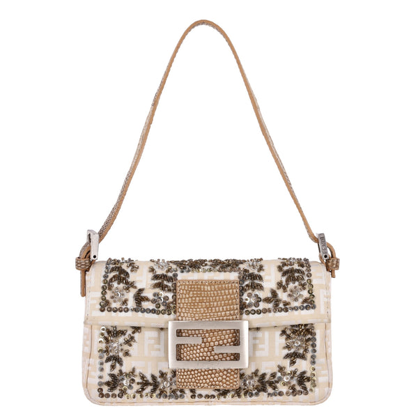 Fendi Bead Embroidered Canvas & Snakeskin 'FF' Logo Baguette Bag