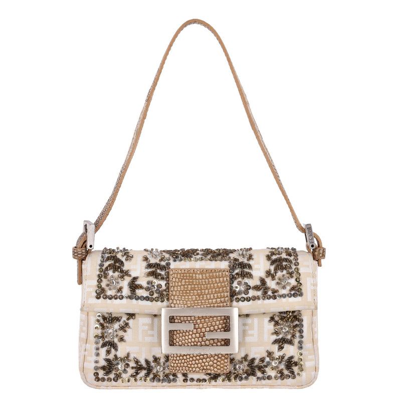 Fendi Bead Embroidered Canvas & Snakeskin 'FF' Logo Baguette Bag