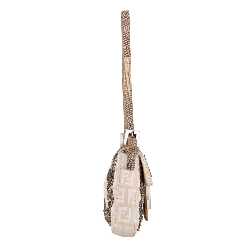 Fendi Bead Embroidered Canvas & Snakeskin 'FF' Logo Baguette Bag