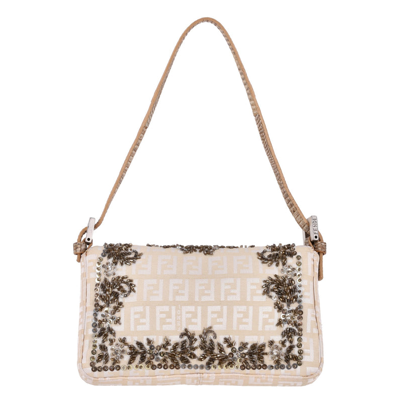 Fendi Bead Embroidered Canvas & Snakeskin 'FF' Logo Baguette Bag