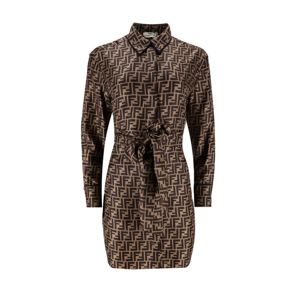 Fendi ‘FF' Logo Silk Twill Belted Shirt Dress. Size 36IT