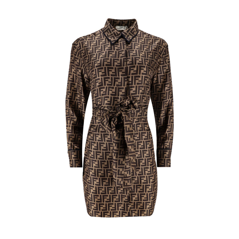 Fendi ‘FF' Logo Silk Twill Belted Shirt Dress. Size 36IT