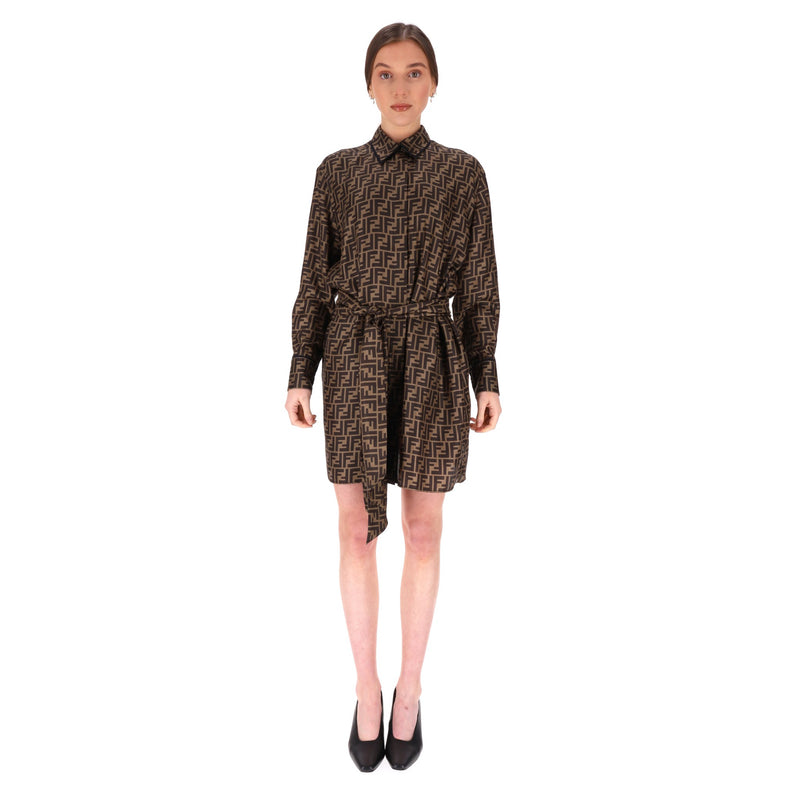 Fendi ‘FF' Logo Silk Twill Belted Shirt Dress. Size 36IT