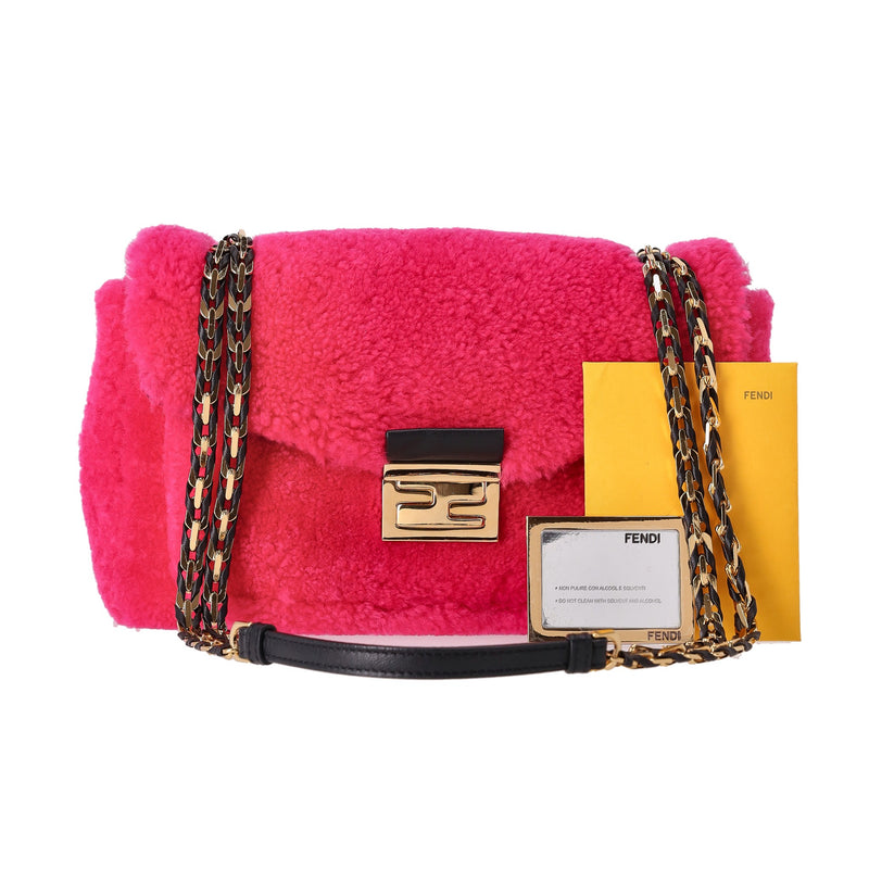 Fendi Shearling Rosa Fluo Baguette Handbag