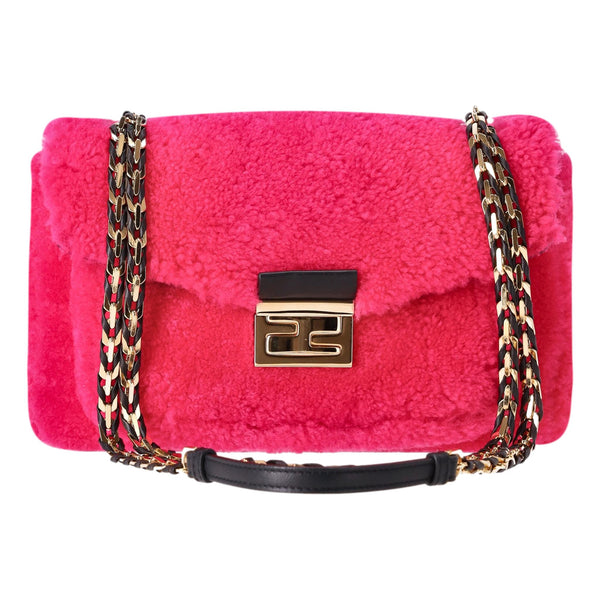 Fendi Shearling Rosa Fluo Baguette Handbag