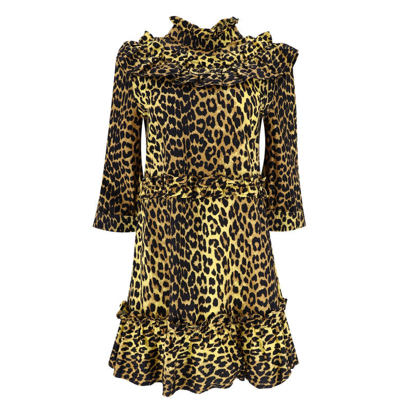 Ganni Leopard Print Ruffle Cotton Dress. Size 36FR