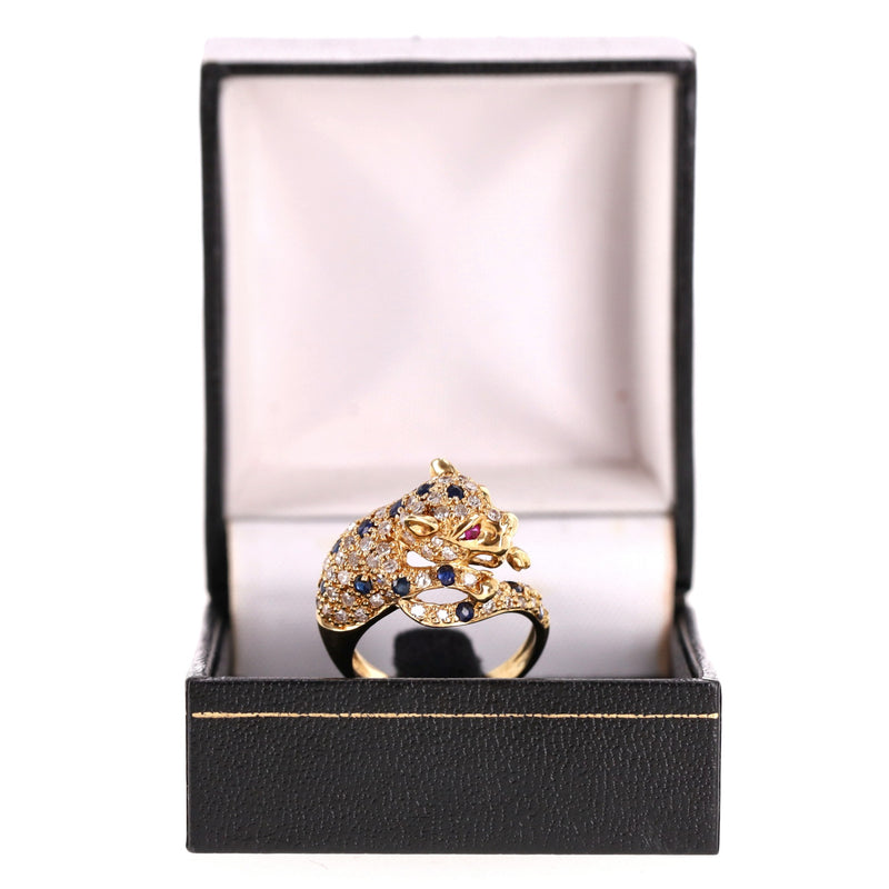 Panther Ring 18k Gold, Diamond, Sapphire & Rubies