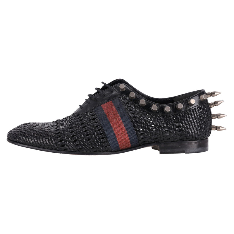 Gucci Spike Detailed Woven Leather Web Stripe Derby Shoes. Size 8.5