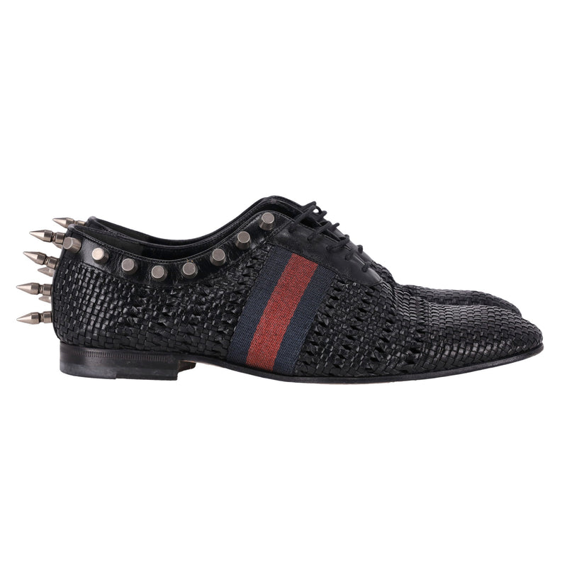 Gucci Spike Detailed Woven Leather Web Stripe Derby Shoes. Size 8.5