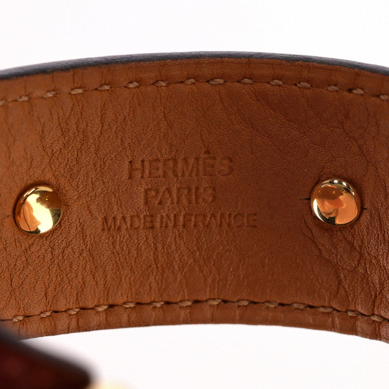 Hermes Leather & Gold Plate Open Cuff Bracelet