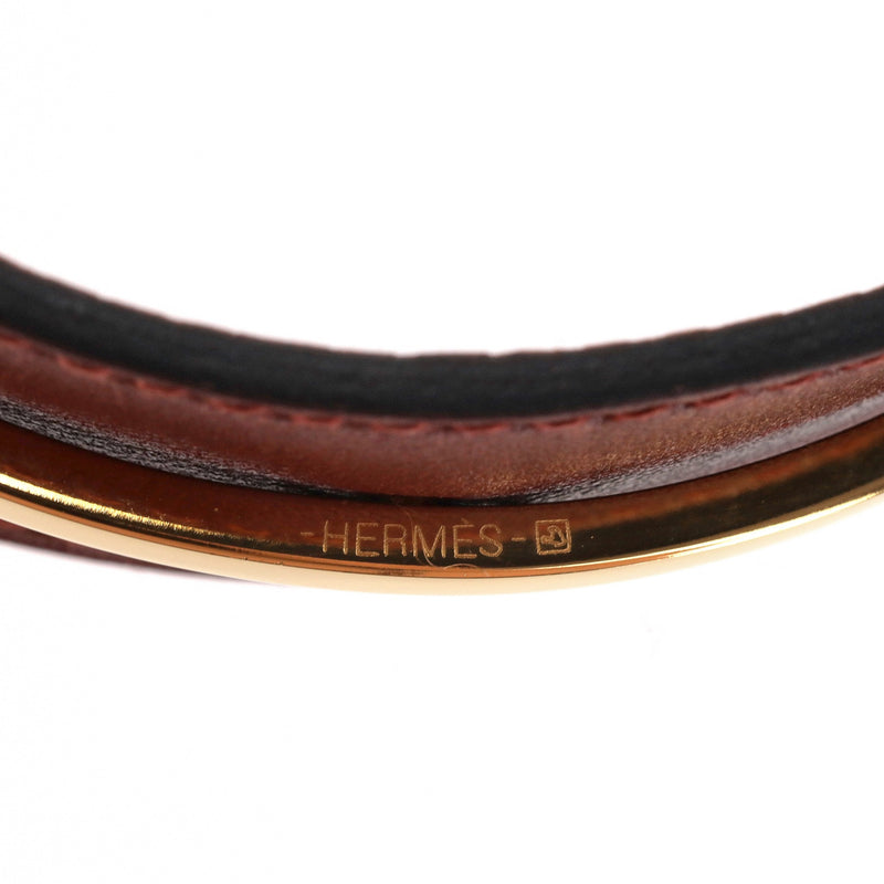 Hermes Leather & Gold Plate Open Cuff Bracelet