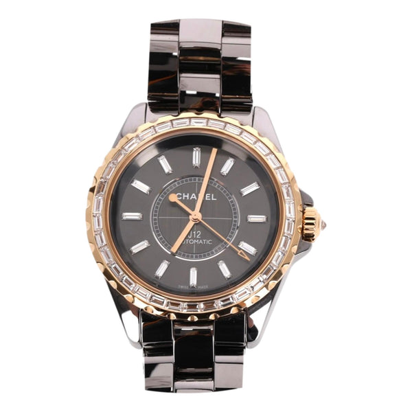 Chanel 18k Rose Gold, Ceramic &  Baguette Diamond J12 Automatic Watch - High End Jewellery Collection