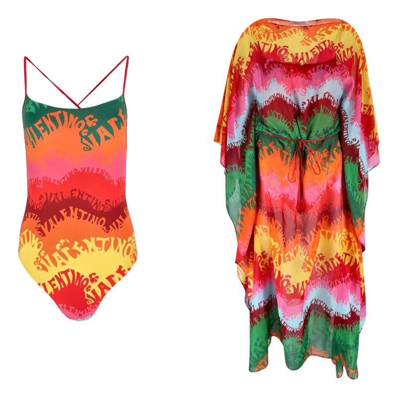 Valentino Waves Logo Printed Swimsuit & Silk Beach Cover-Up Set. Size S/M