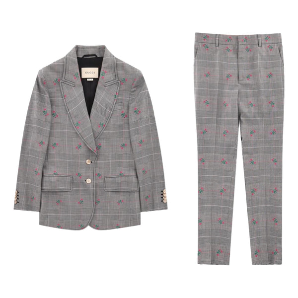 Gucci Wool Checked Floral Jacket & Trousers Suit. Size 40IT