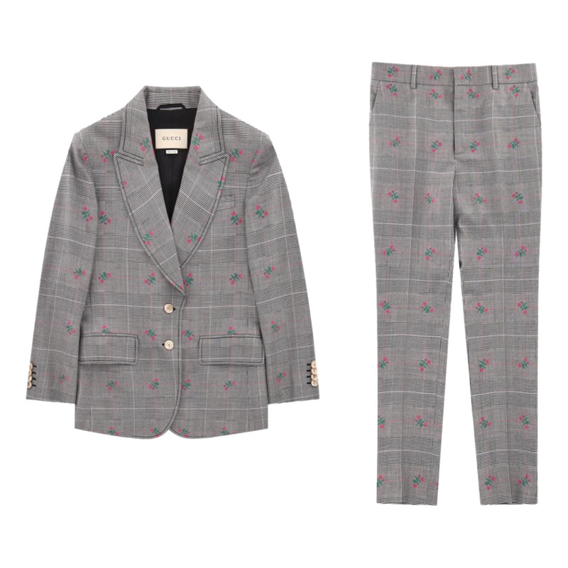 Gucci Wool Checked Floral Jacket & Trousers Suit. Size 40IT