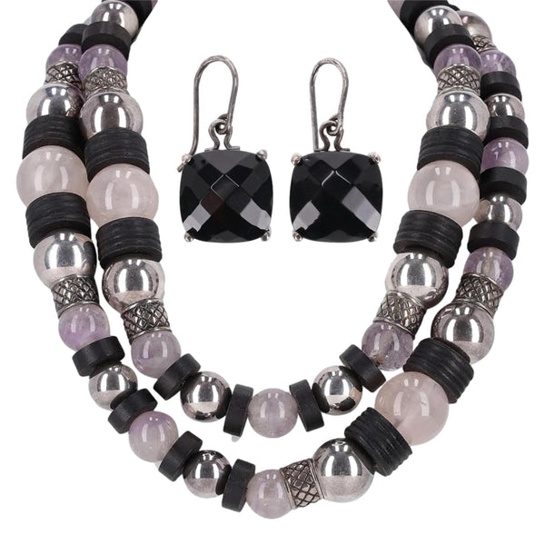 Bottega Veneta Amythest,  Rose Quartz, Sterling Silver & Wood Necklace with Onyx Faceted Drop Earrings