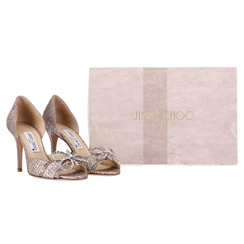 Jimmy Choo Lurex Crystal Bow Peep Toe Heels. Size 37