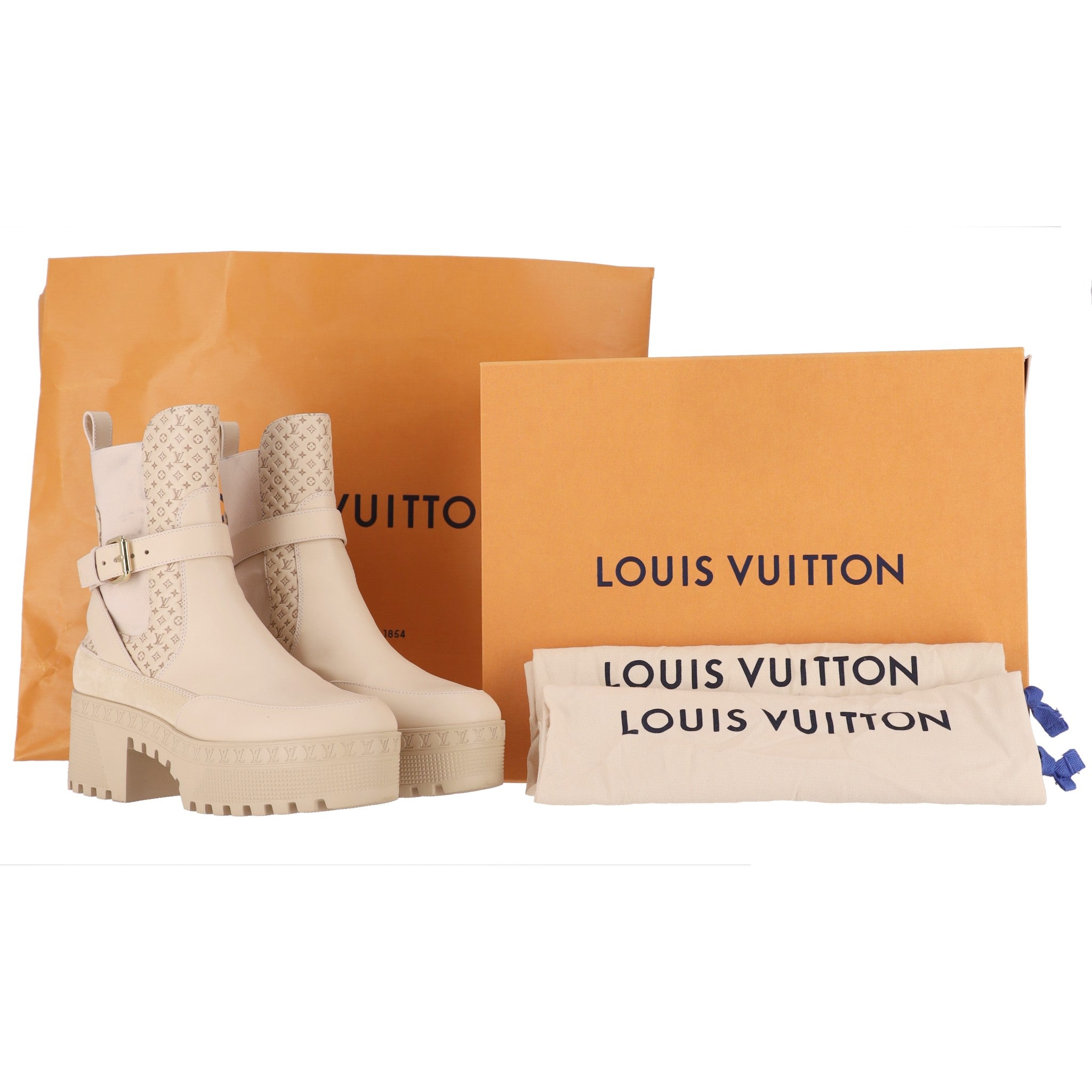 Louis Vuitton Suede LV Logo Embossed Laureate Platform Desert Boots. Shush London