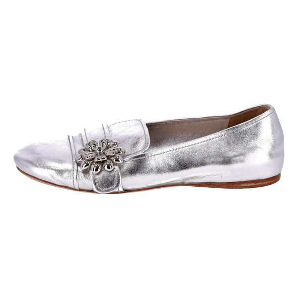 Prada Metallic Leather Flower Brooch Loafers. Size 36.5