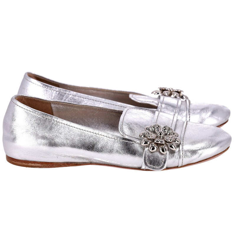 Prada Metallic Leather Flower Brooch Loafers. Size 36.5