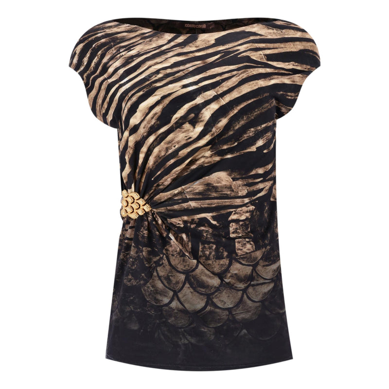 Roberto Cavalli Animal Print Gathered & Buckle Detail Top. Size 42IT