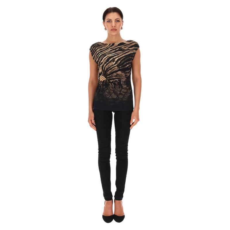 Roberto Cavalli Animal Print Gathered & Buckle Detail Top. Size 42IT