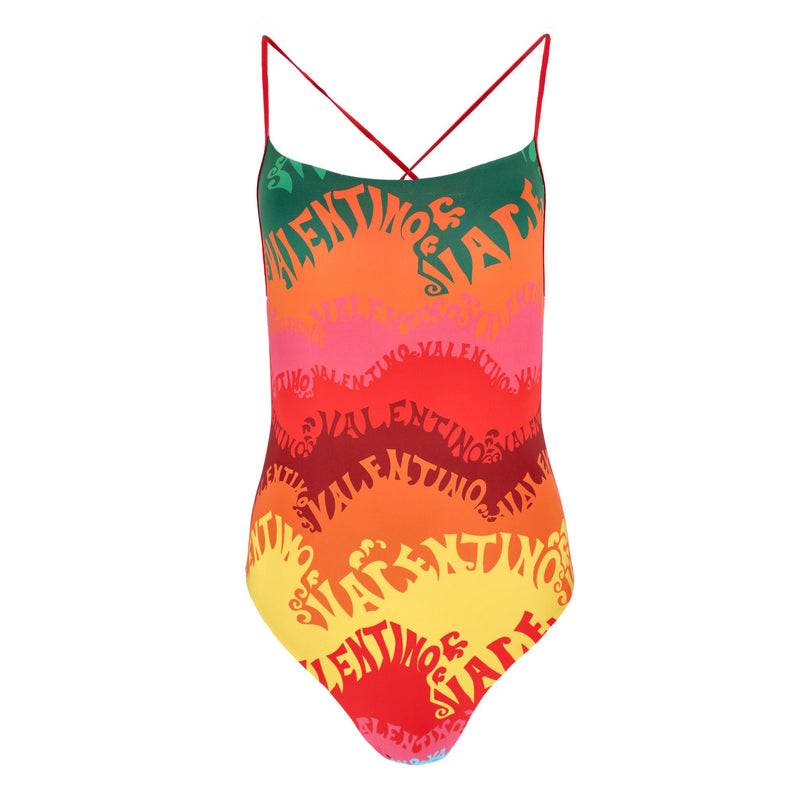 Valentino Waves Logo Printed Swimsuit & Silk Beach Cover-Up Set. Size S/M