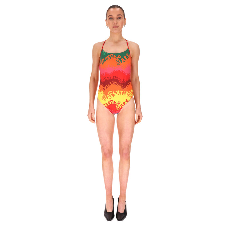 Valentino Waves Logo Printed Swimsuit & Silk Beach Cover-Up Set. Size S/M