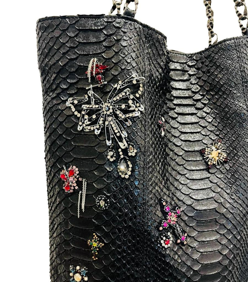 Chanel Paris London  Python Skin Crystal Embellished Tote Bag