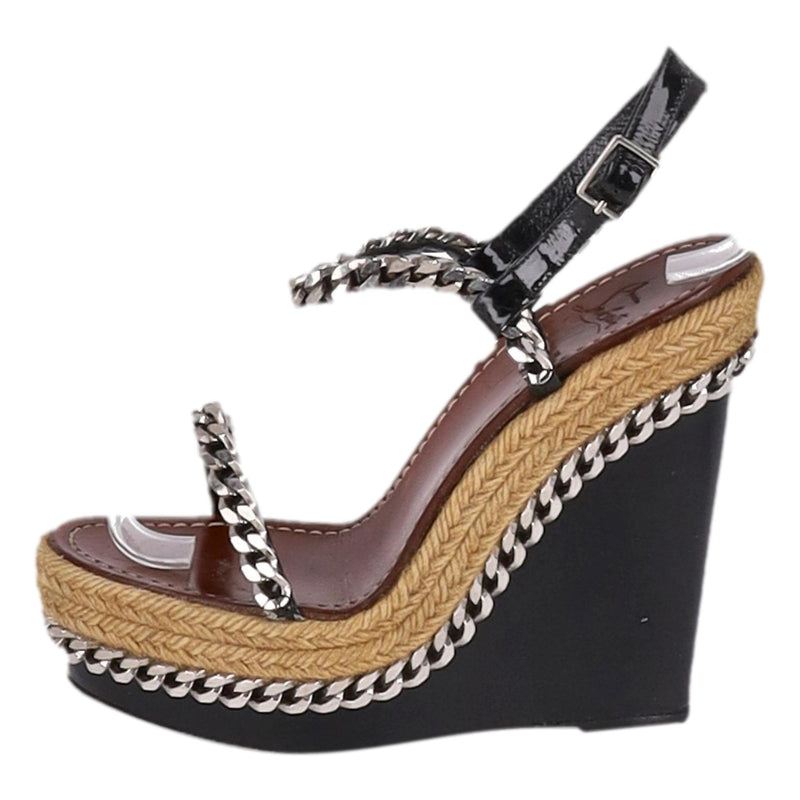 Christian Louboutin Chain Detail Raffia Trim Wedge Sandals. Size 37