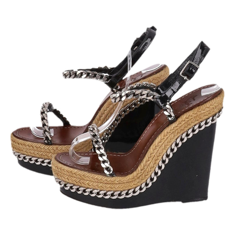 Christian Louboutin Chain Detail Raffia Trim Wedge Sandals. Size 37