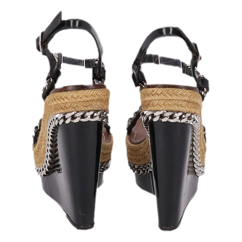 Christian Louboutin Chain Detail Raffia Trim Wedge Sandals. Size 37